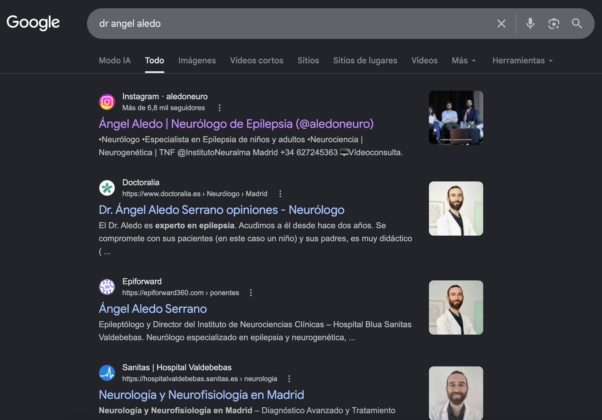 Ejemplo de búsqueda de un médico en Google mostrando Perfil de Empresa, redes sociales y directorios